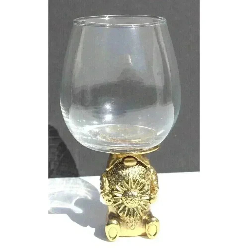 New Gold Metal Troll W/ Sunflower Gnome Wine Beverage Glass Cup